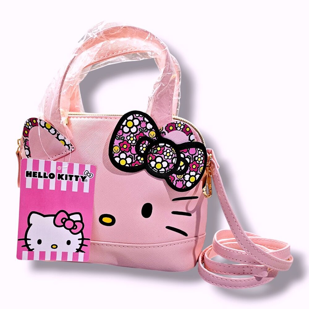 Hello Kitty Sanrio Mini Crossbody Purse, Pink with Floral Bow Design